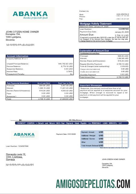 Extrato de hipoteca do Banco Abanka da Eslovênia em formatos Word e PDF amostra